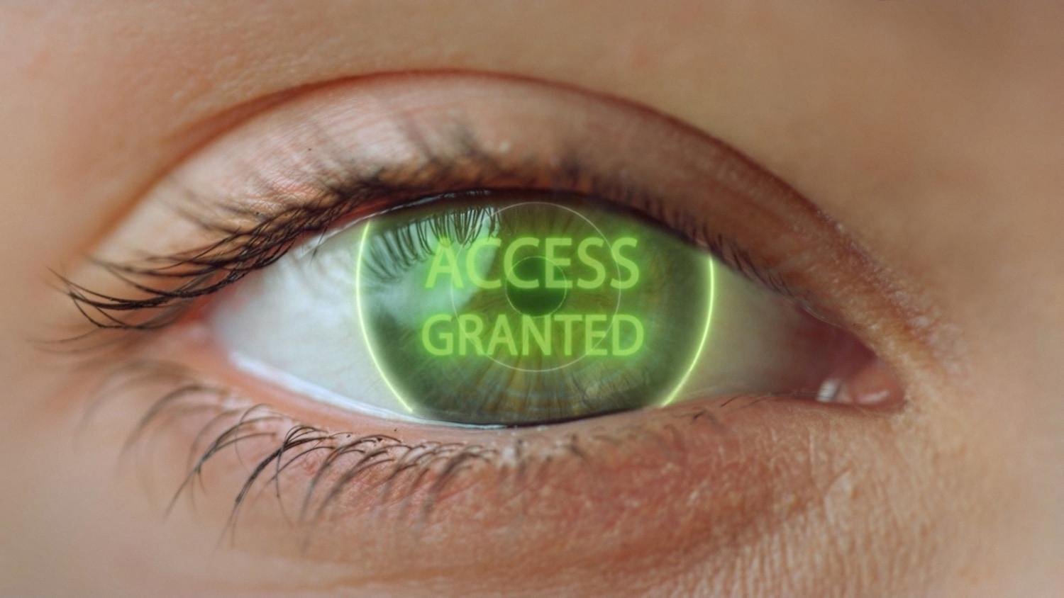 Close-up of an eye scan showing access granted during hotel check-in